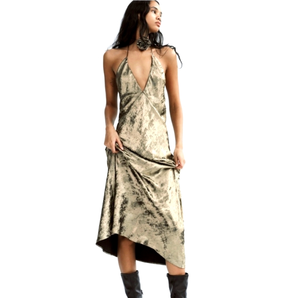 Zara Long Foil Dress With Flower Metallic Gold Maxi